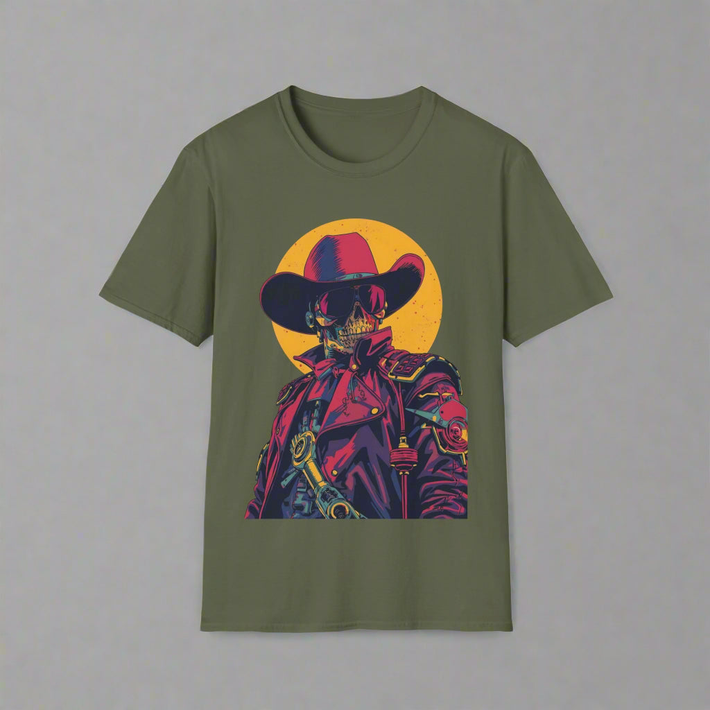Green t-shirt with a colorful graphic of a skeleton in a cowboy outfit