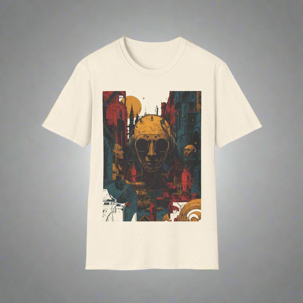 Beige t-shirt with a graphic design of a helmeted figure in a futuristic setting