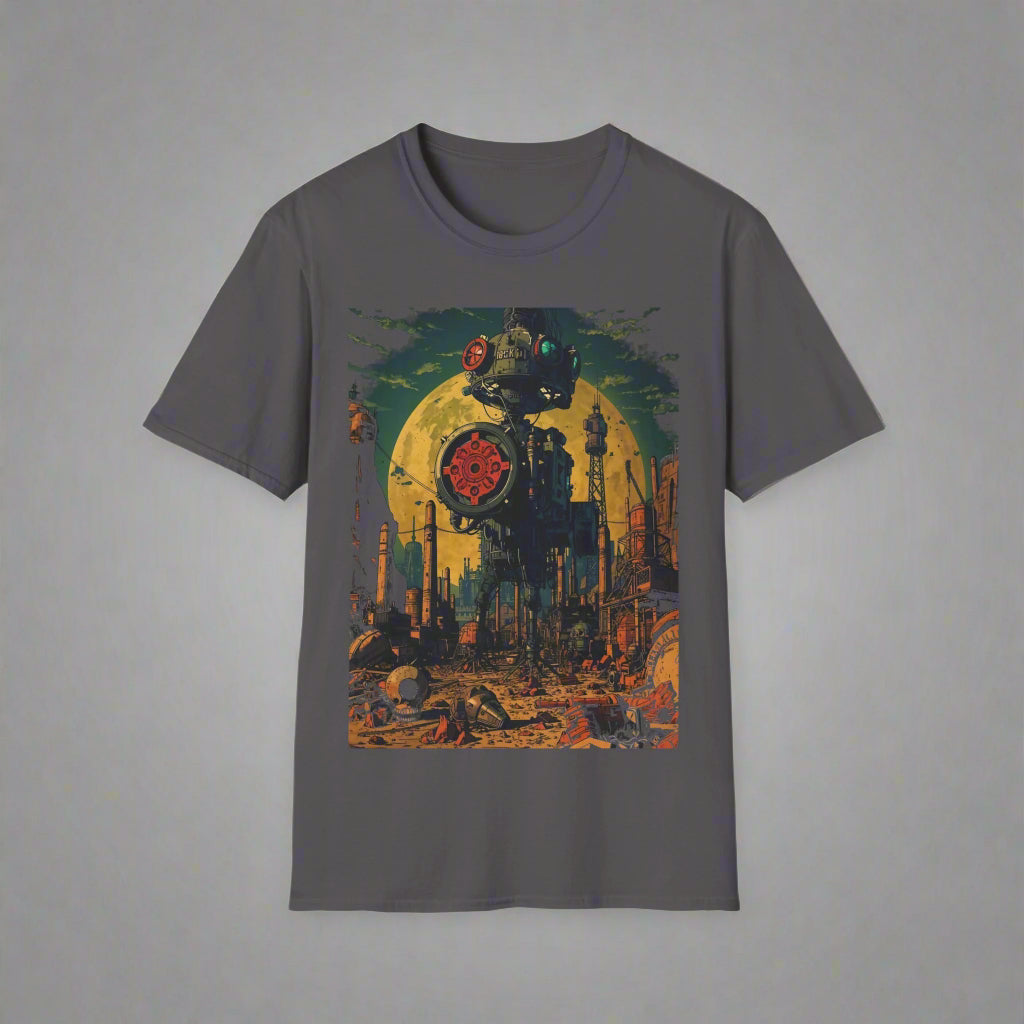Gray t-shirt with a colorful graphic design