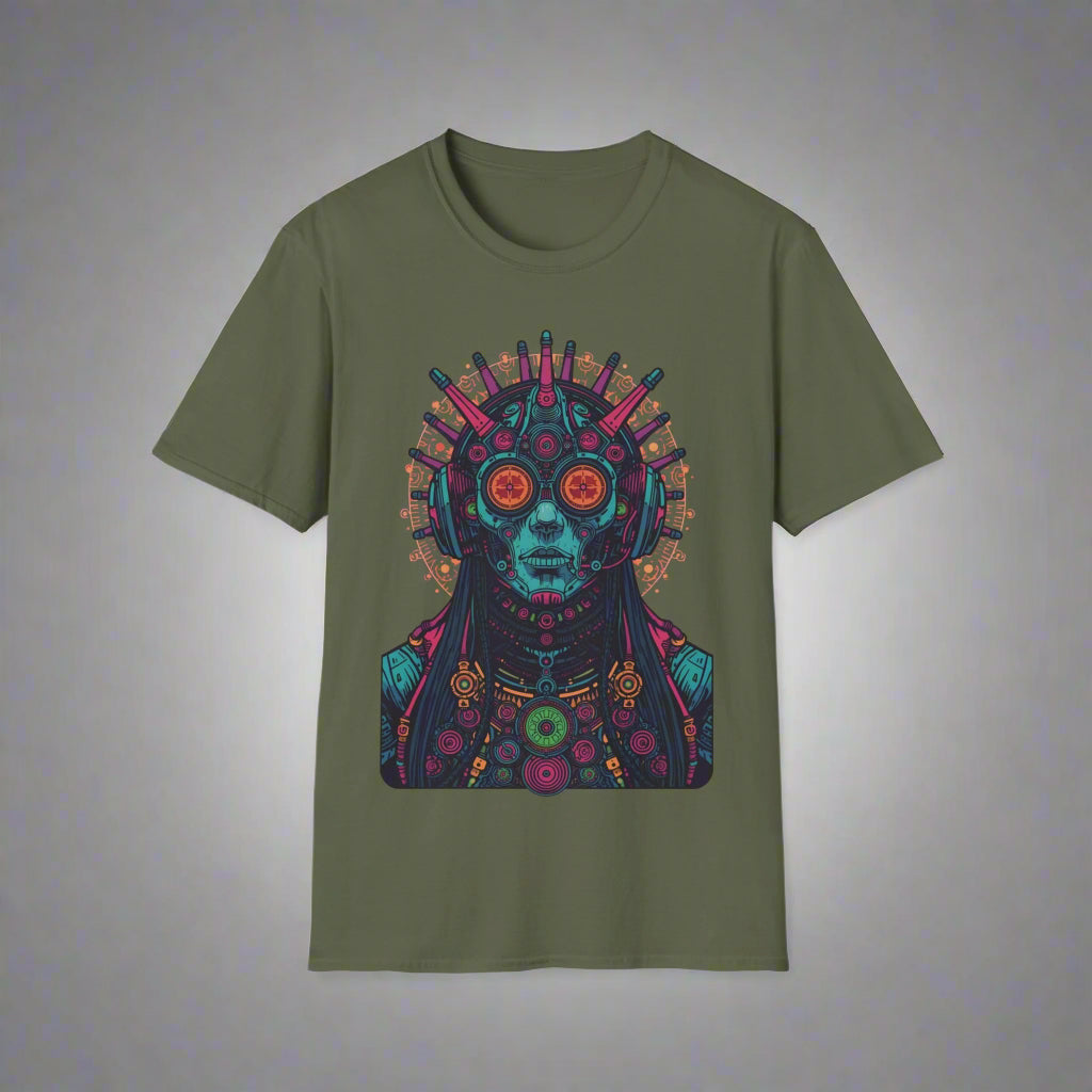 Green t-shirt with a colorful graphic design