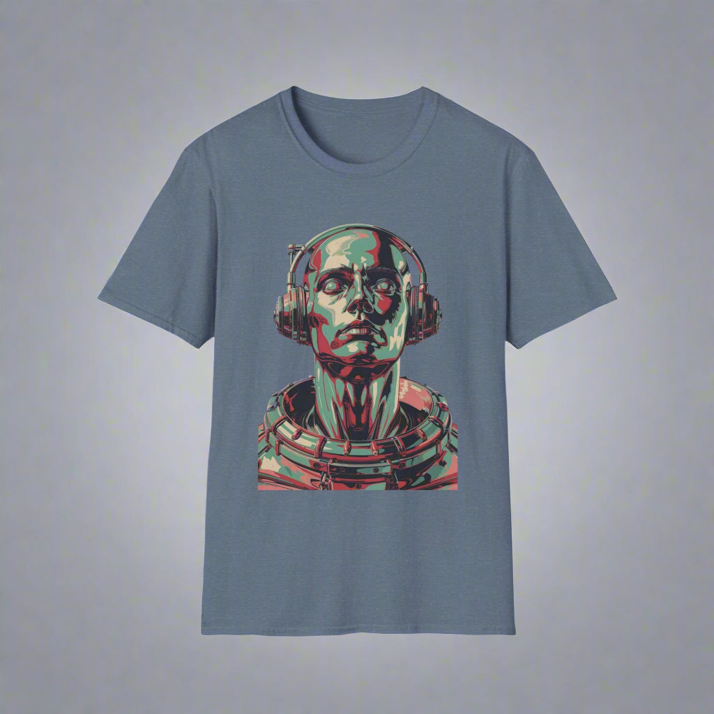 Blue t-shirt with a robot graphic