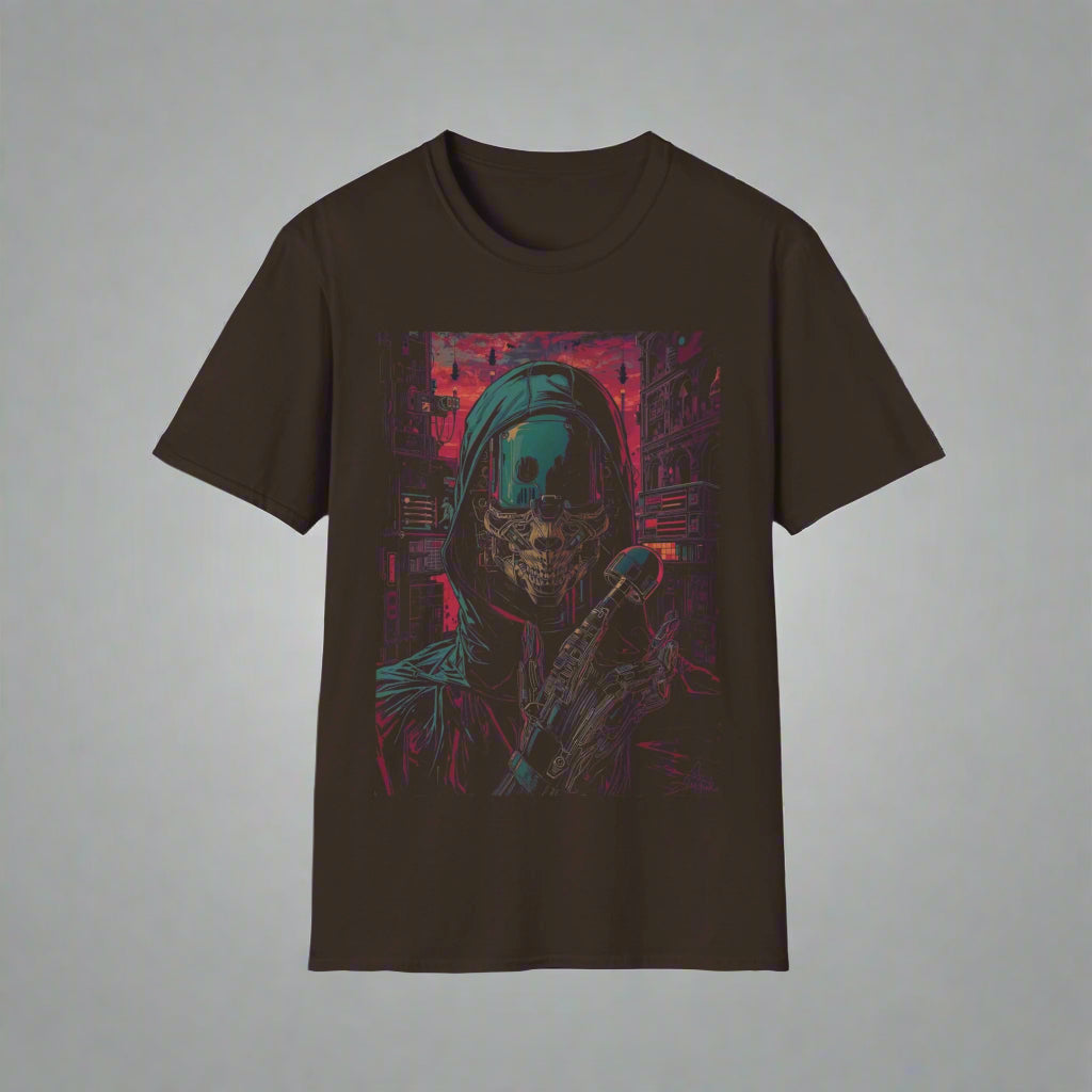 Black t-shirt with a graphic design of a hooded figure
