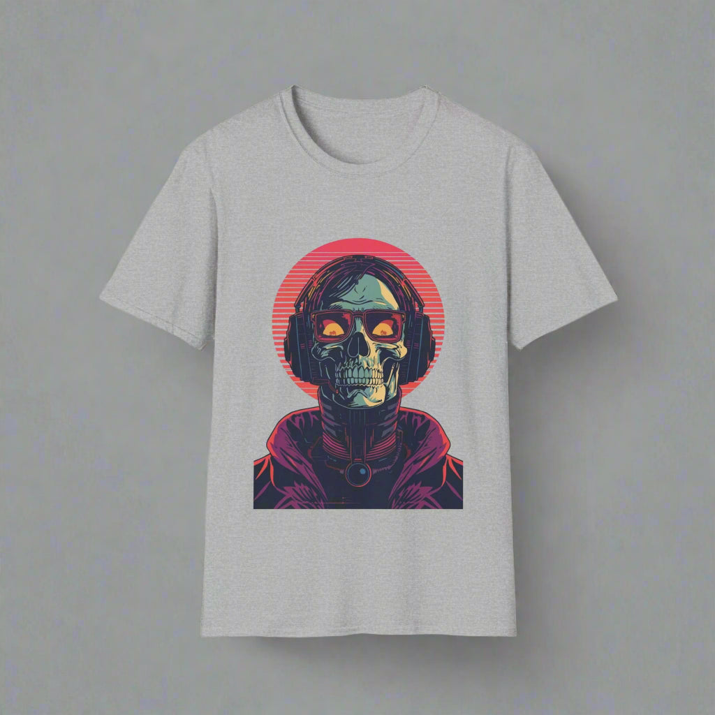 Gray t-shirt with a colorful graphic of a skull and red circle