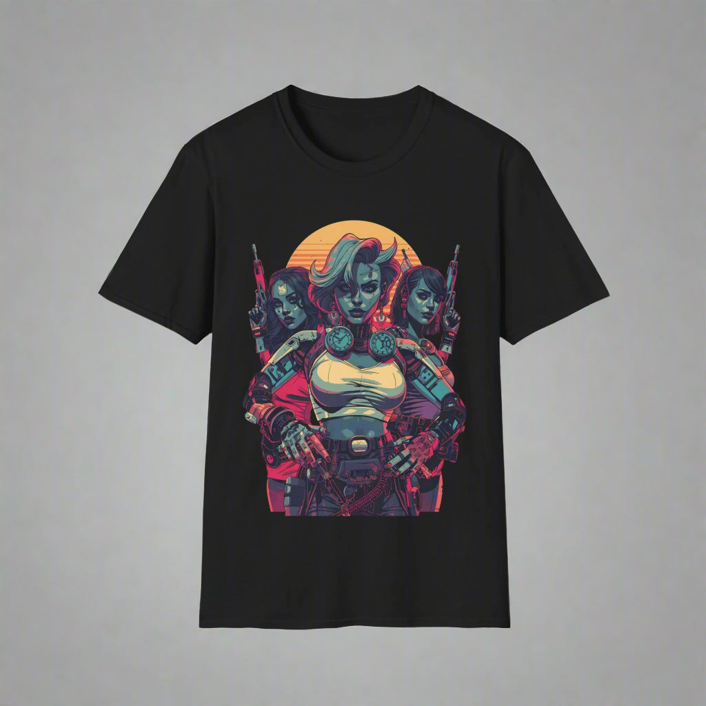 Black t-shirt with a colorful graphic design of a character with weapons