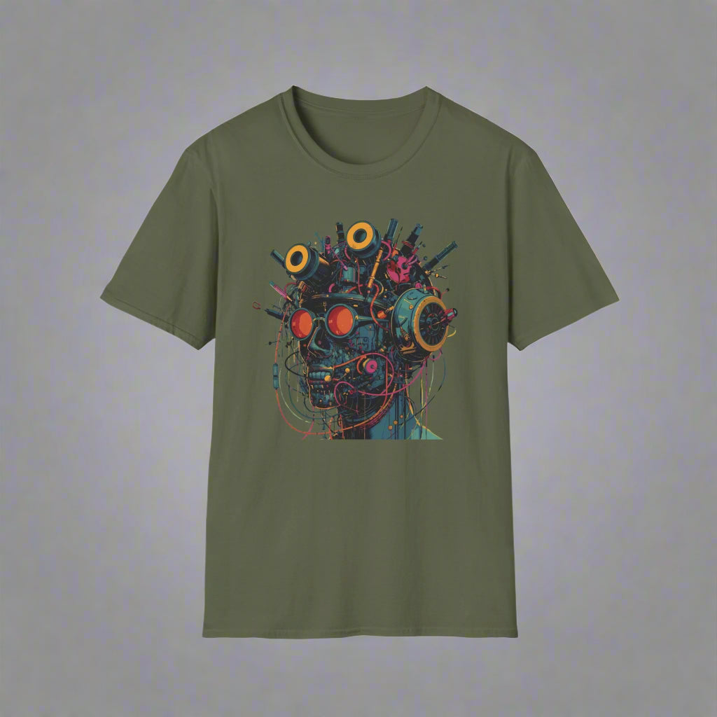 Green t-shirt with a colorful abstract design