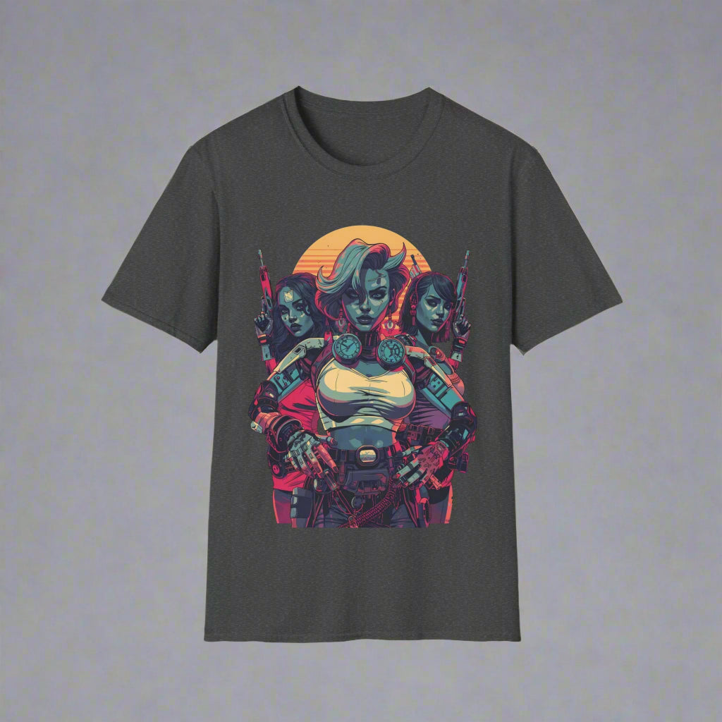 Gray t-shirt with a colorful graphic design of a character
