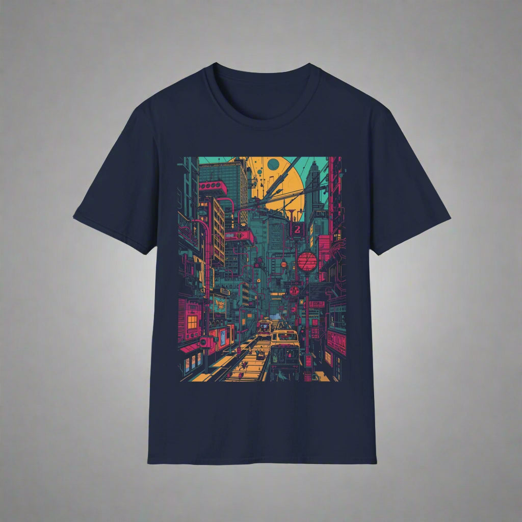 Navy blue t-shirt with a colorful cityscape graphic