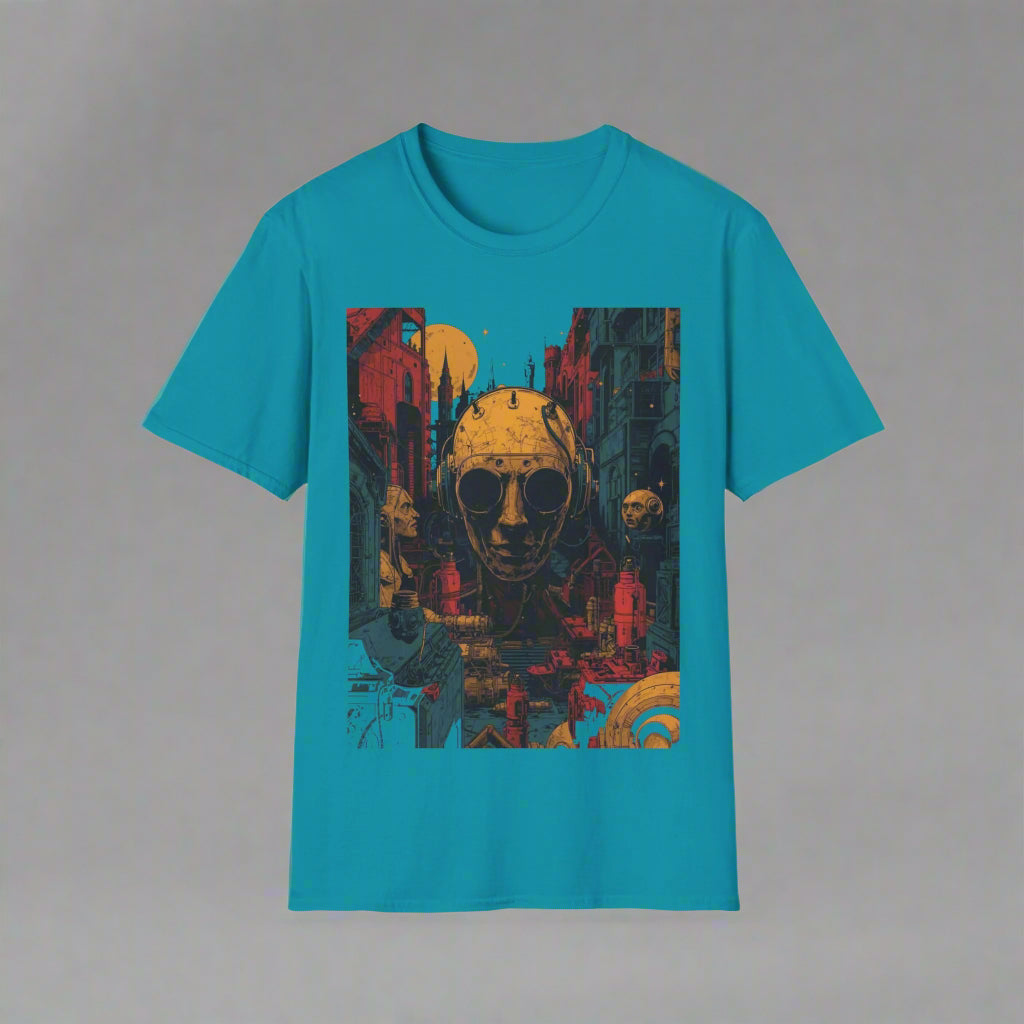 Teal t-shirt with a graphic design of a person wearing sunglasses