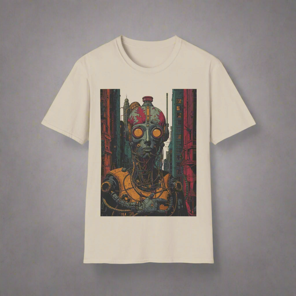 Beige t-shirt with a graphic design of a robot in a cityscape