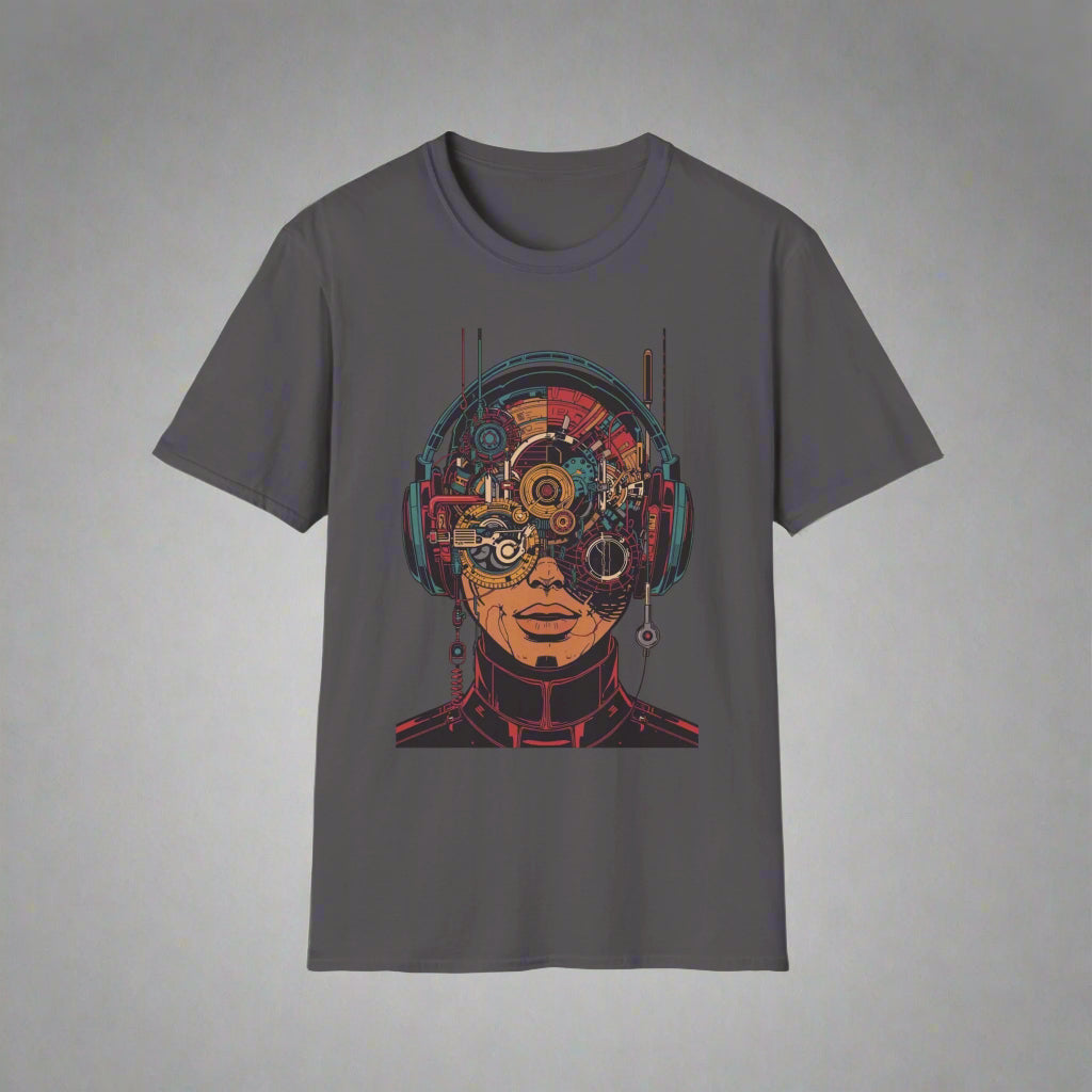 Gray t-shirt with a colorful graphic of a person wearing goggles and headphones