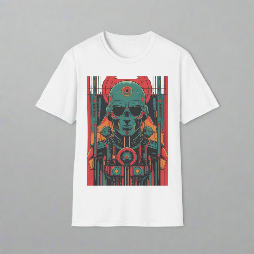 White t-shirt with a graphic design of a robot head