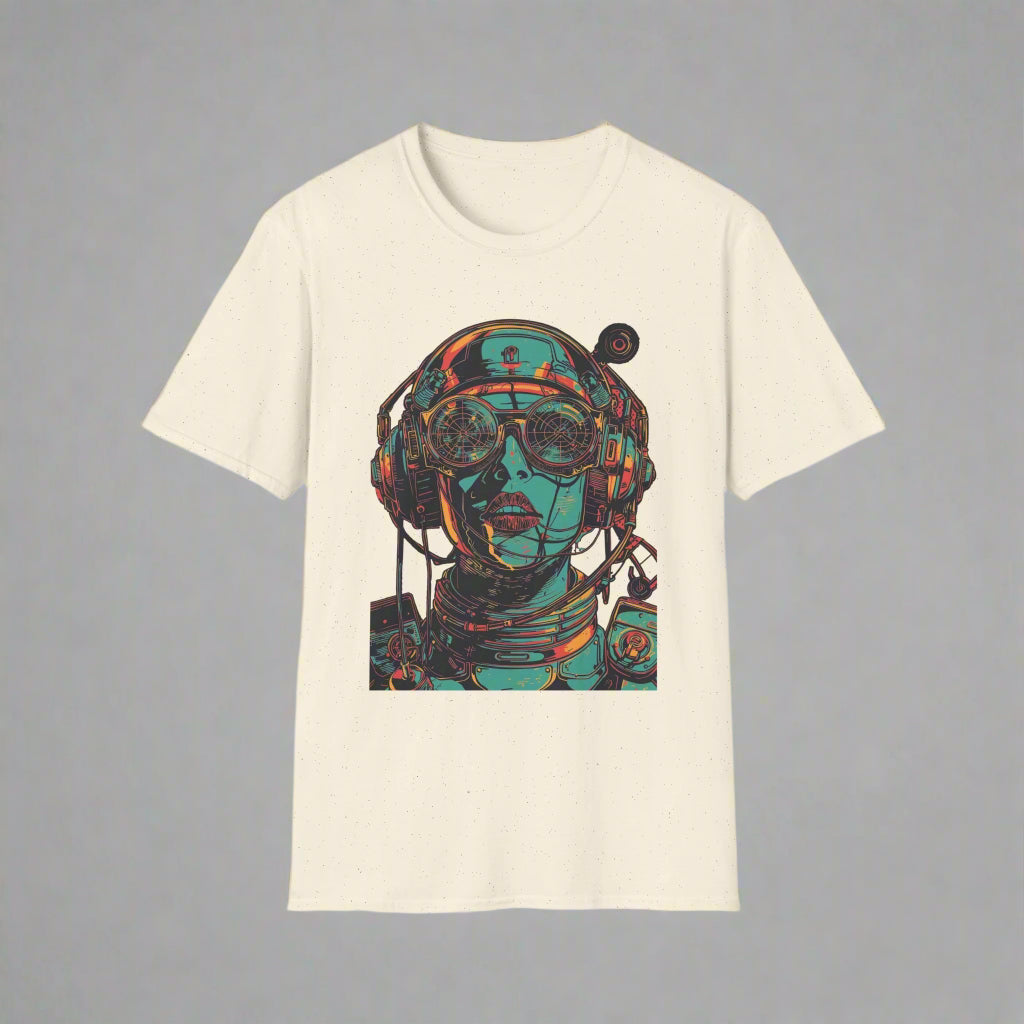 Beige t-shirt with a colorful graphic of a person wearing headphones