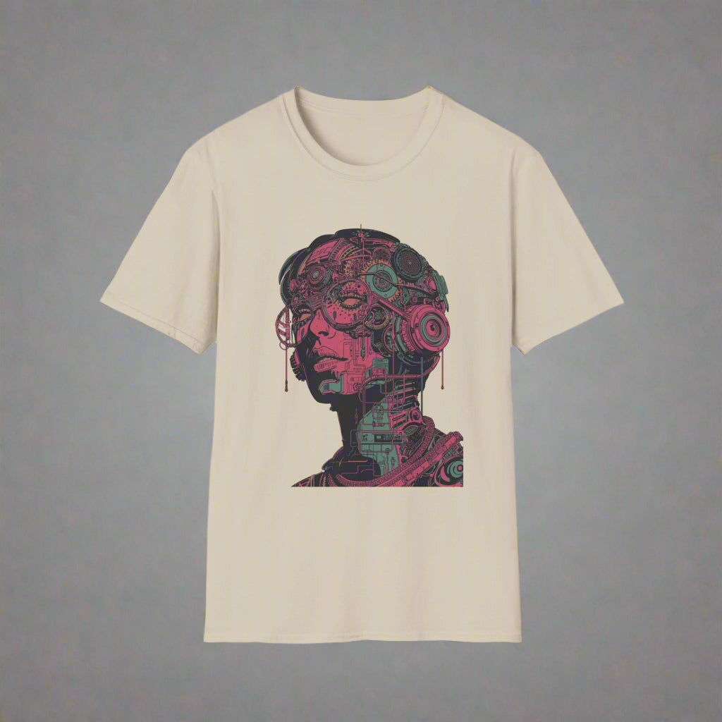 Beige t-shirt with a colorful mechanical head design