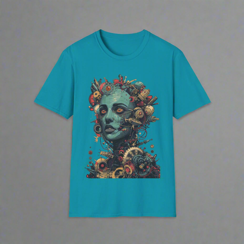 Teal t-shirt with a colorful graphic design