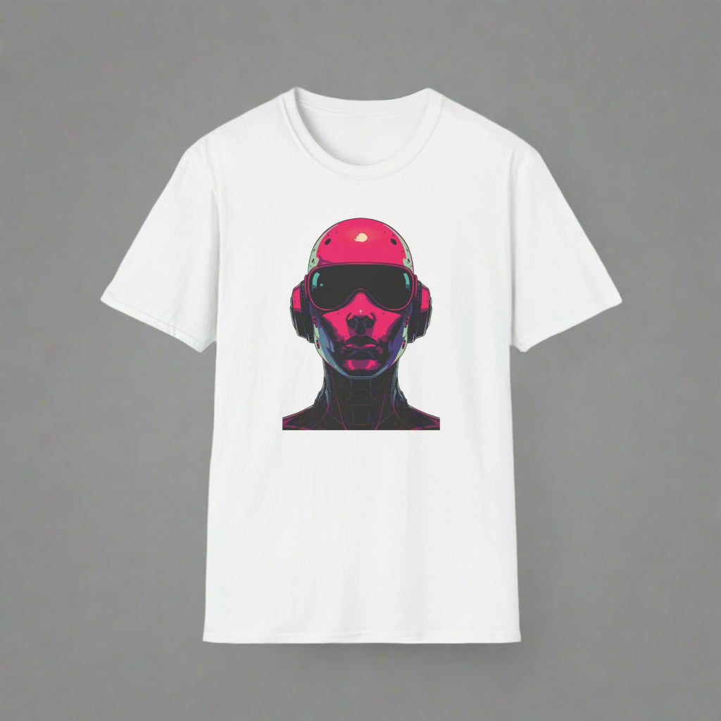 White t-shirt with a graphic of a person wearing a pink helmet and sunglasses