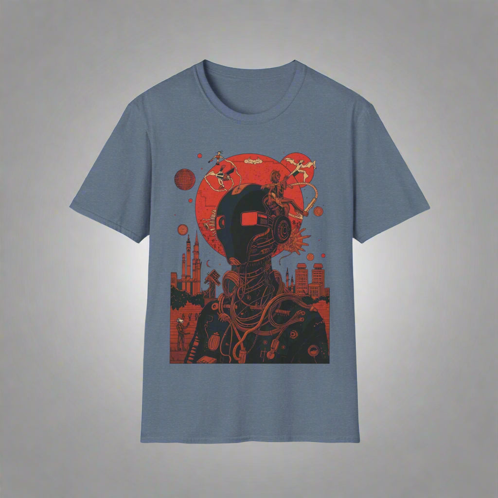 Blue t-shirt with a robot and cityscape design