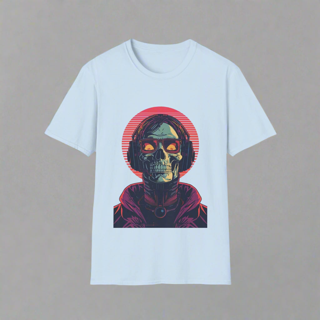 Light blue t-shirt with a graphic design of a skull and red circle