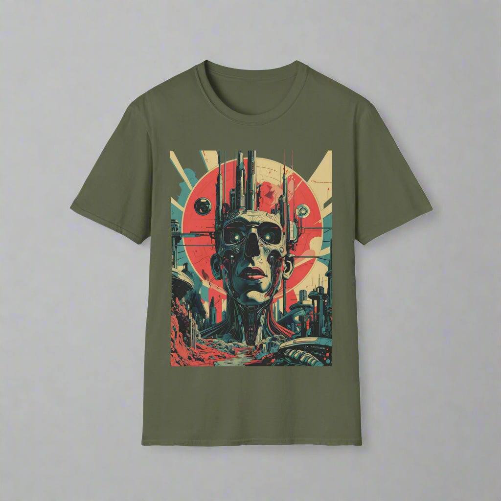 Green t-shirt with a graphic design of a robot head and sun