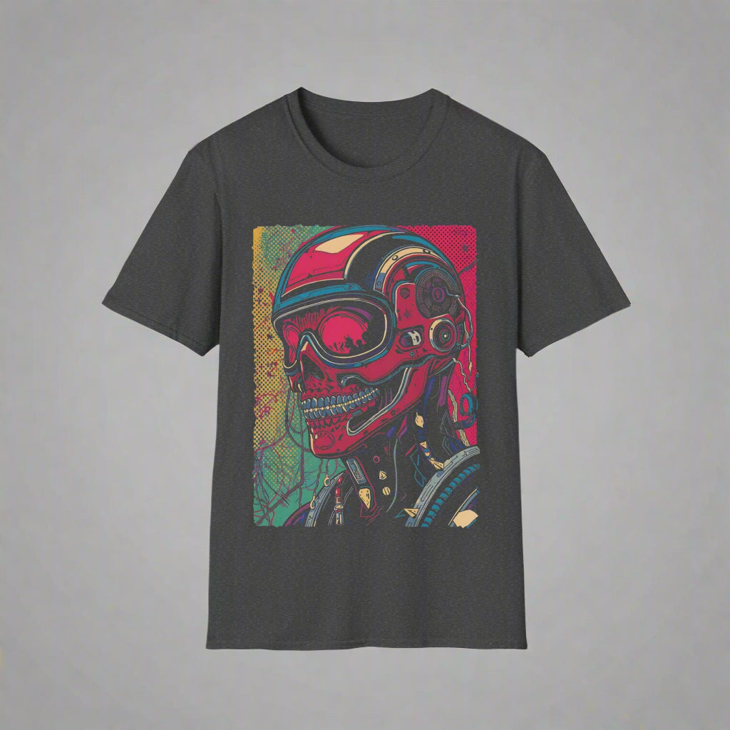 Black t-shirt with a colorful skull wearing a helmet design