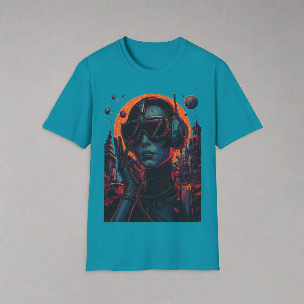 Teal t-shirt with a futuristic graphic design