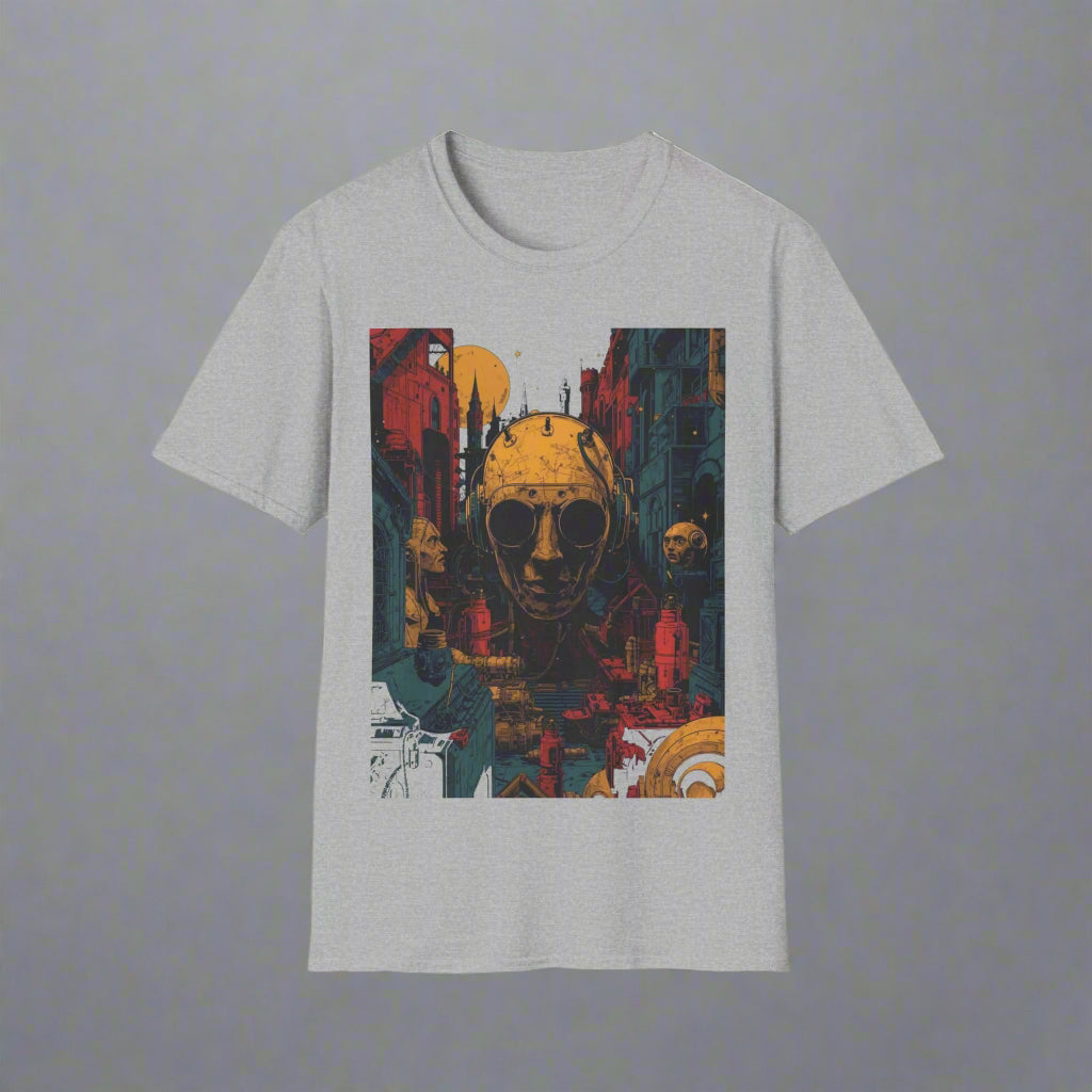 Gray t-shirt with a colorful graphic design