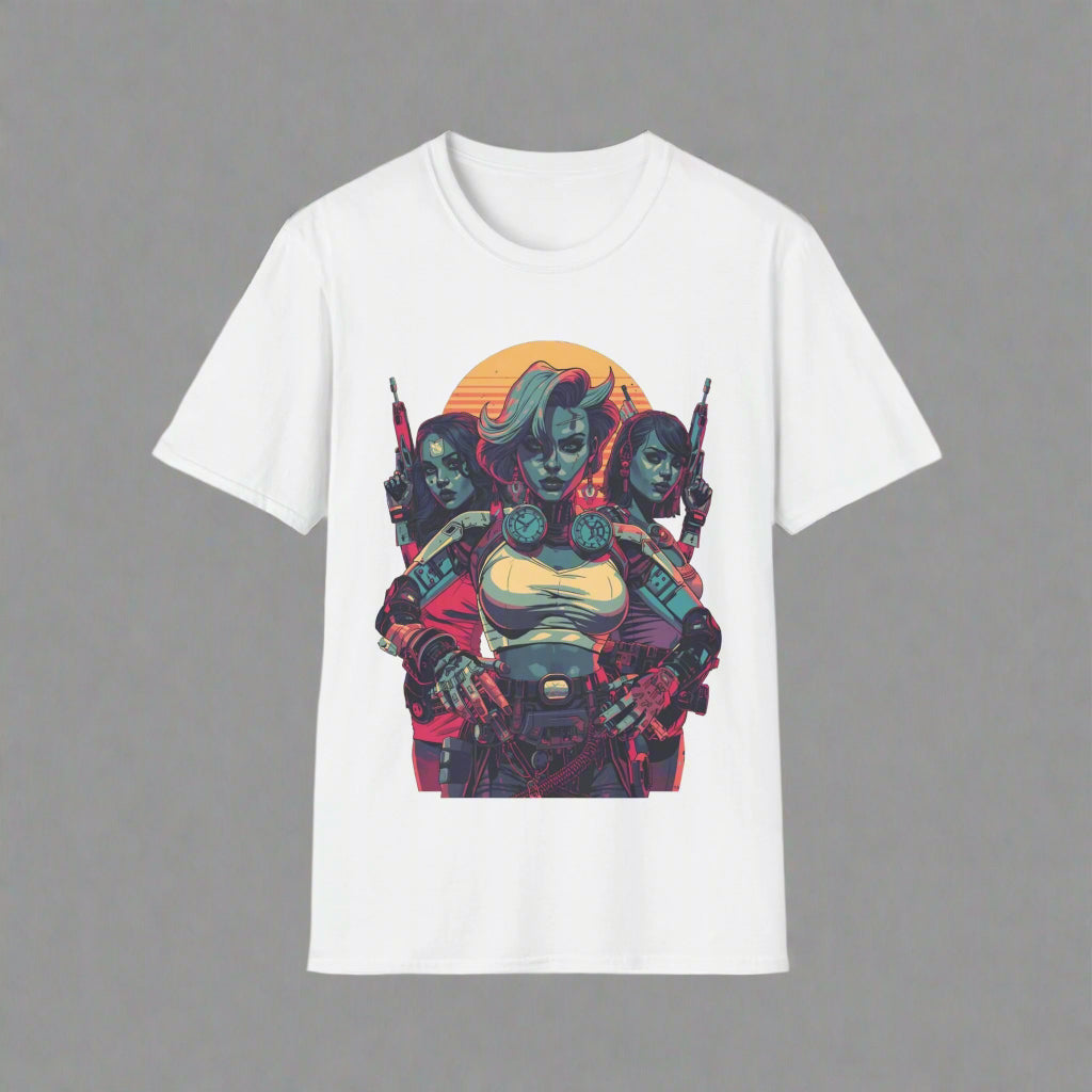 White t-shirt with a colorful graphic design