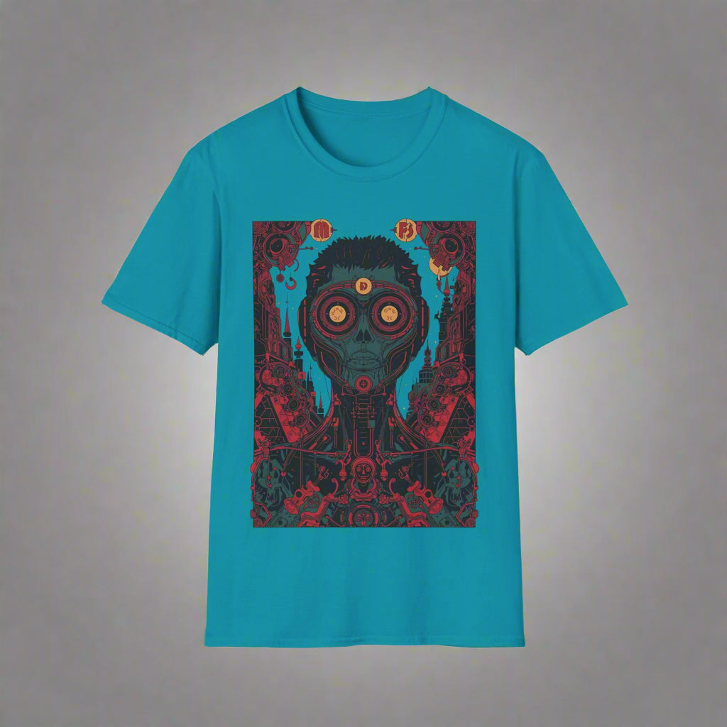 Teal t-shirt with a graphic design of a character wearing a gas mask