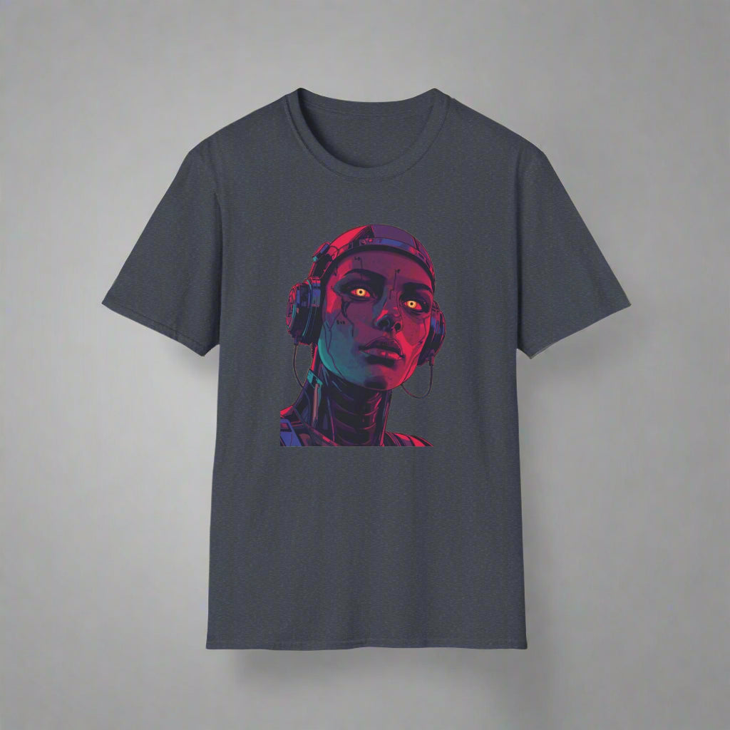 Gray t-shirt with a colorful graphic of a person wearing headphones
