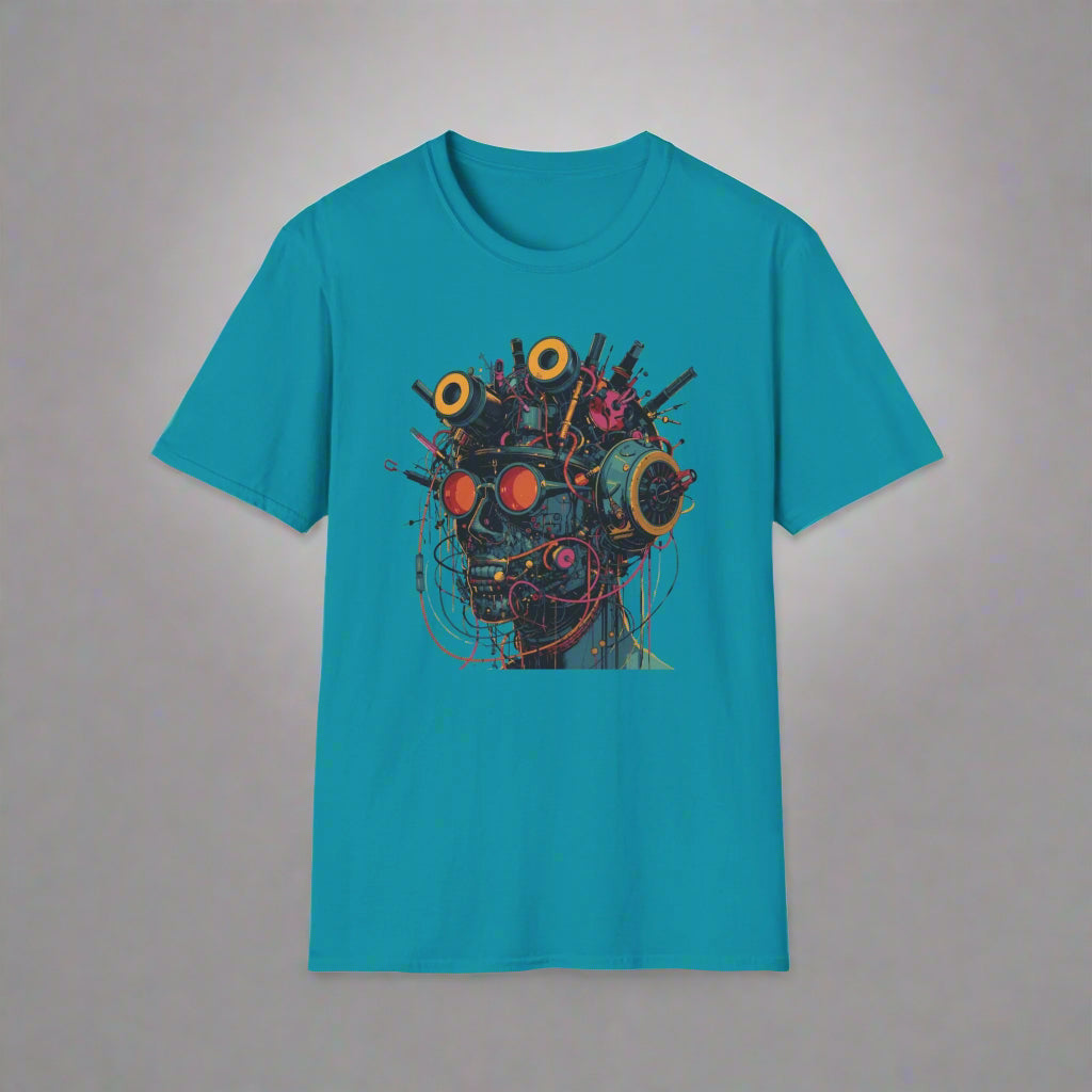 Turquoise t-shirt with a colorful abstract design