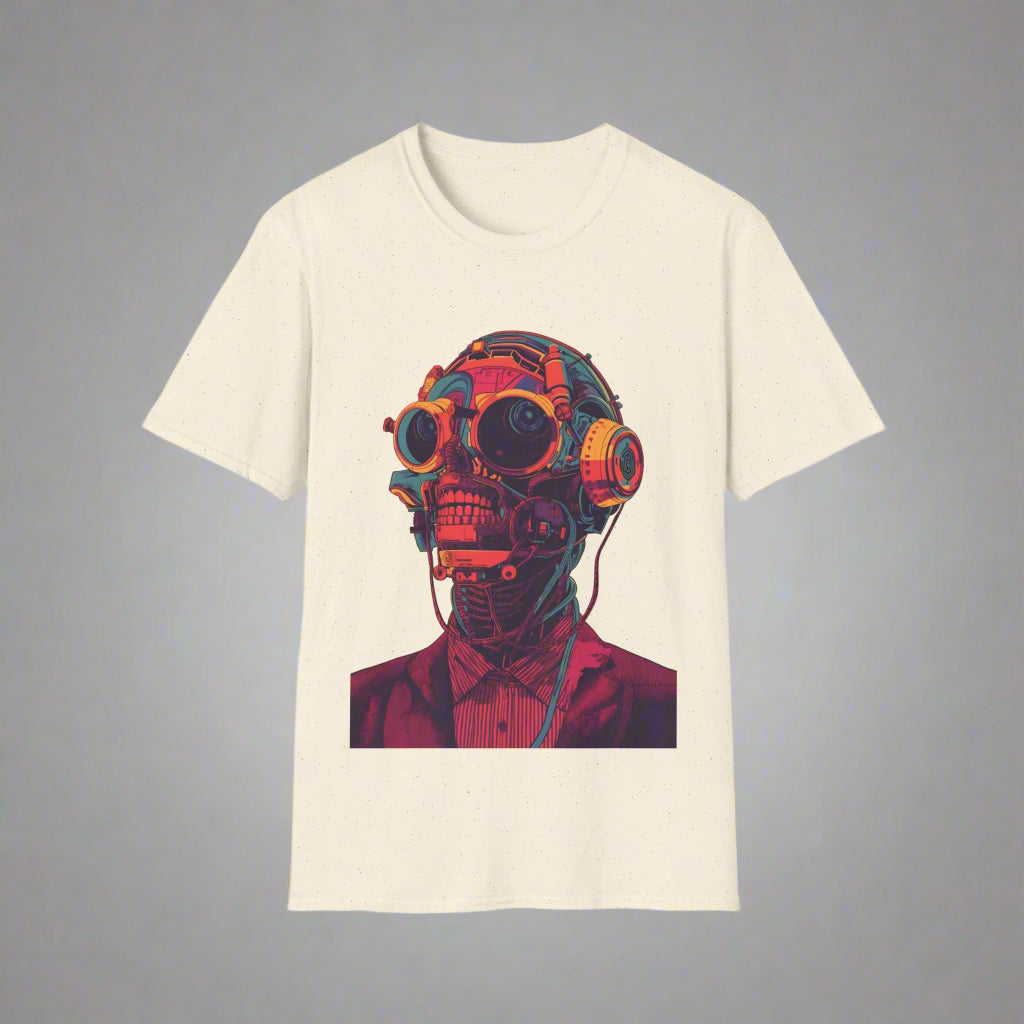 Beige t-shirt with a graphic of a person wearing a colorful gas mask