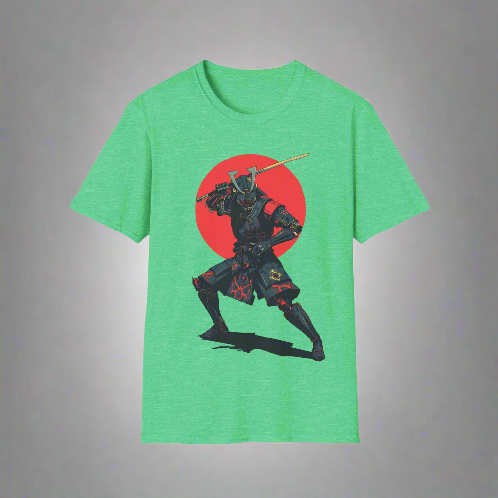 Green t-shirt with a black and red graphic of a warrior