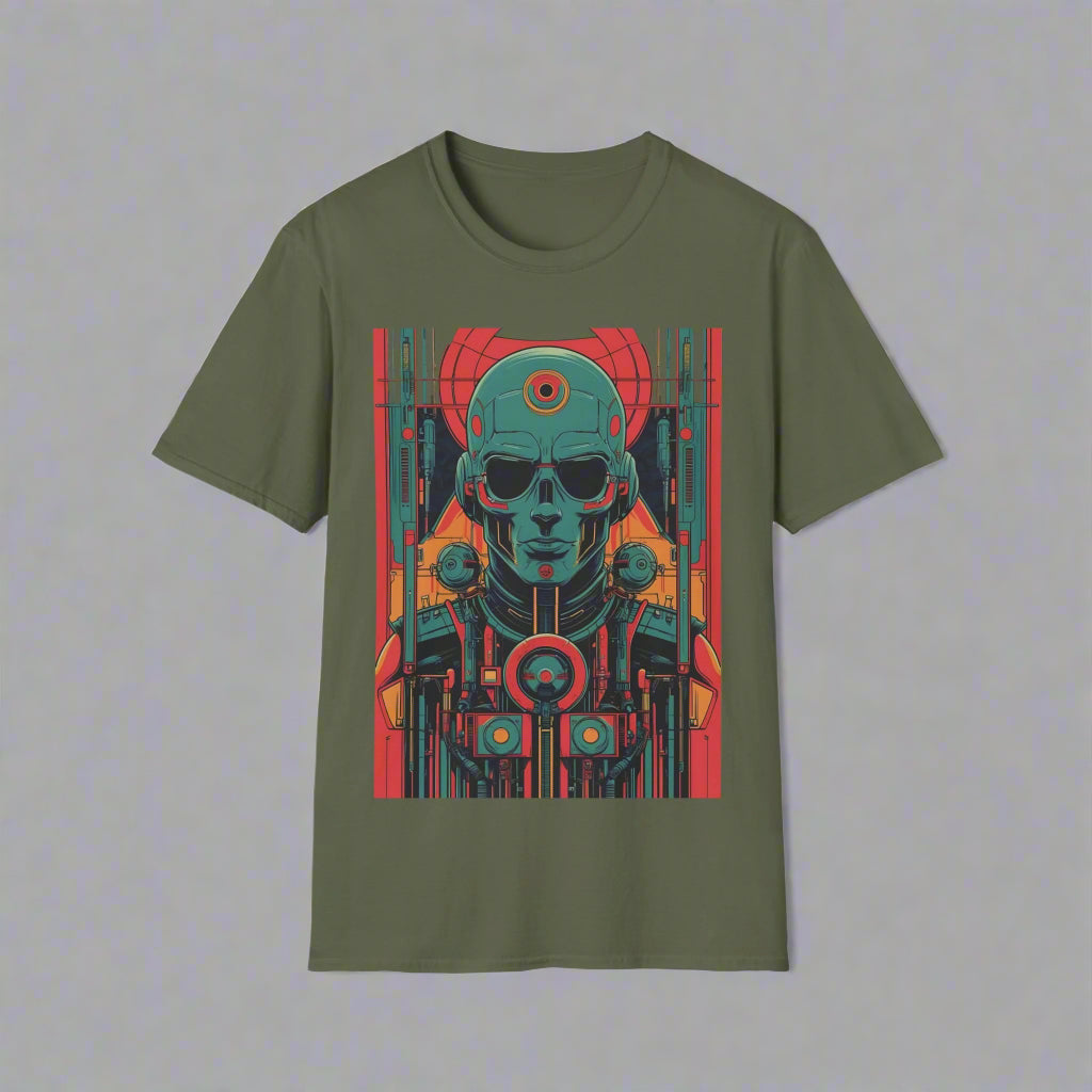 Green t-shirt with a graphic design of a skull and mechanical elements