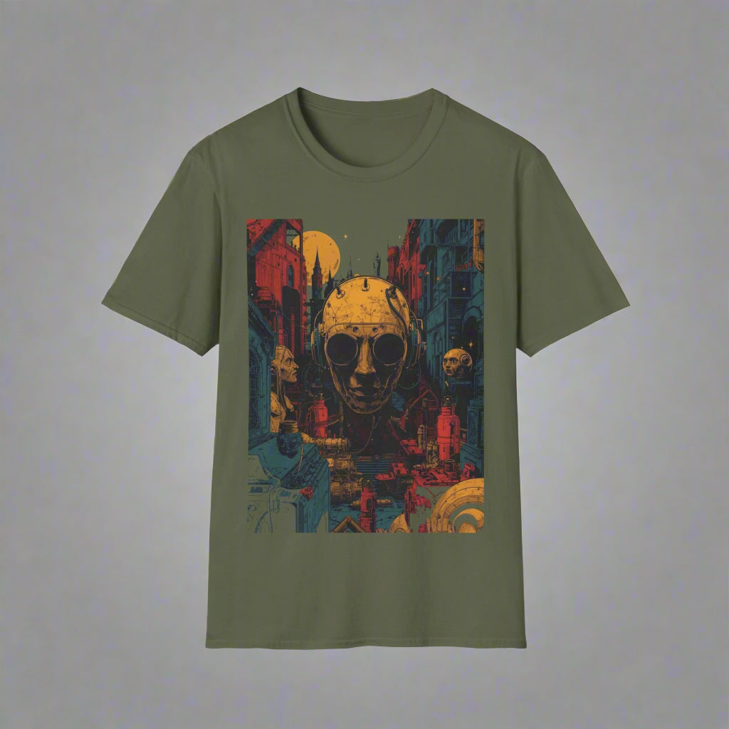 Green t-shirt with a graphic design of a helmeted figure