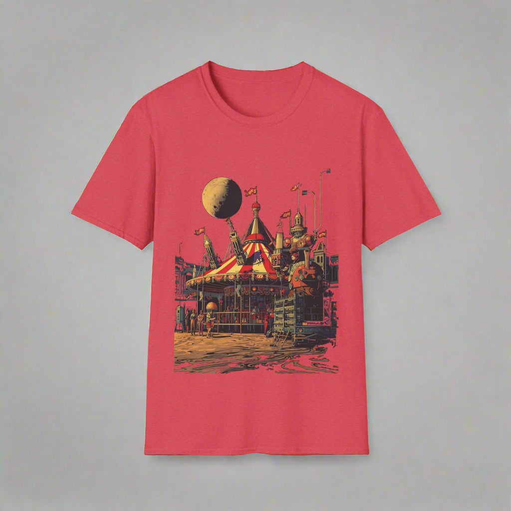Red t-shirt with a graphic design of a castle and moon