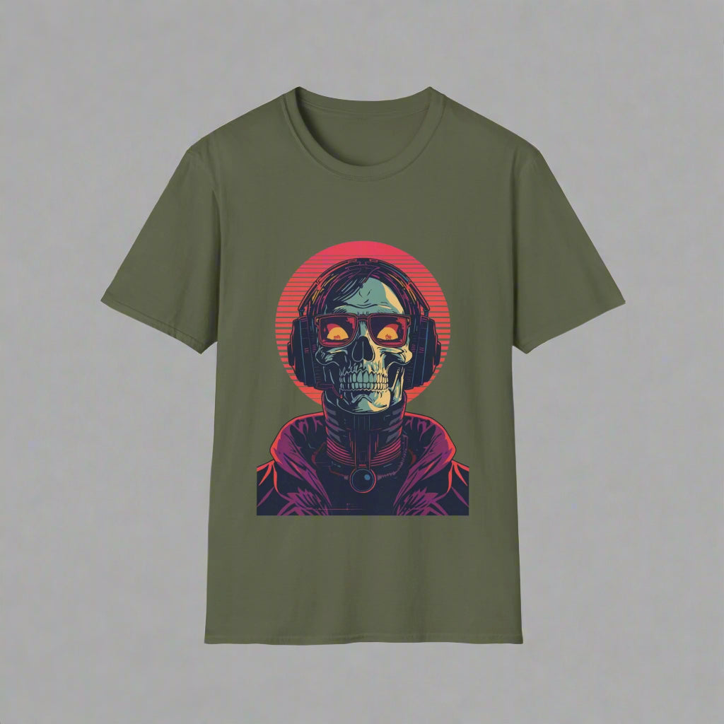 Green t-shirt with a graphic of a skull with glowing eyes
