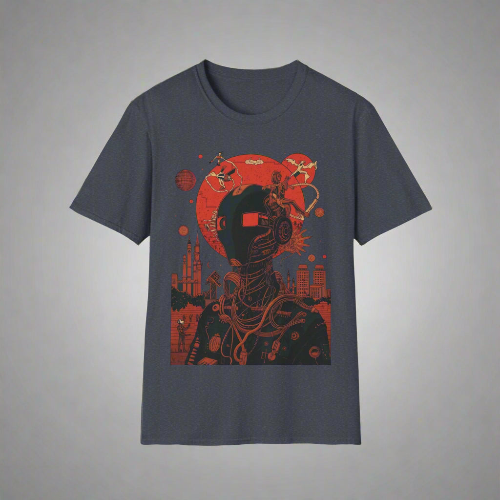Gray t-shirt with a black and red graphic design