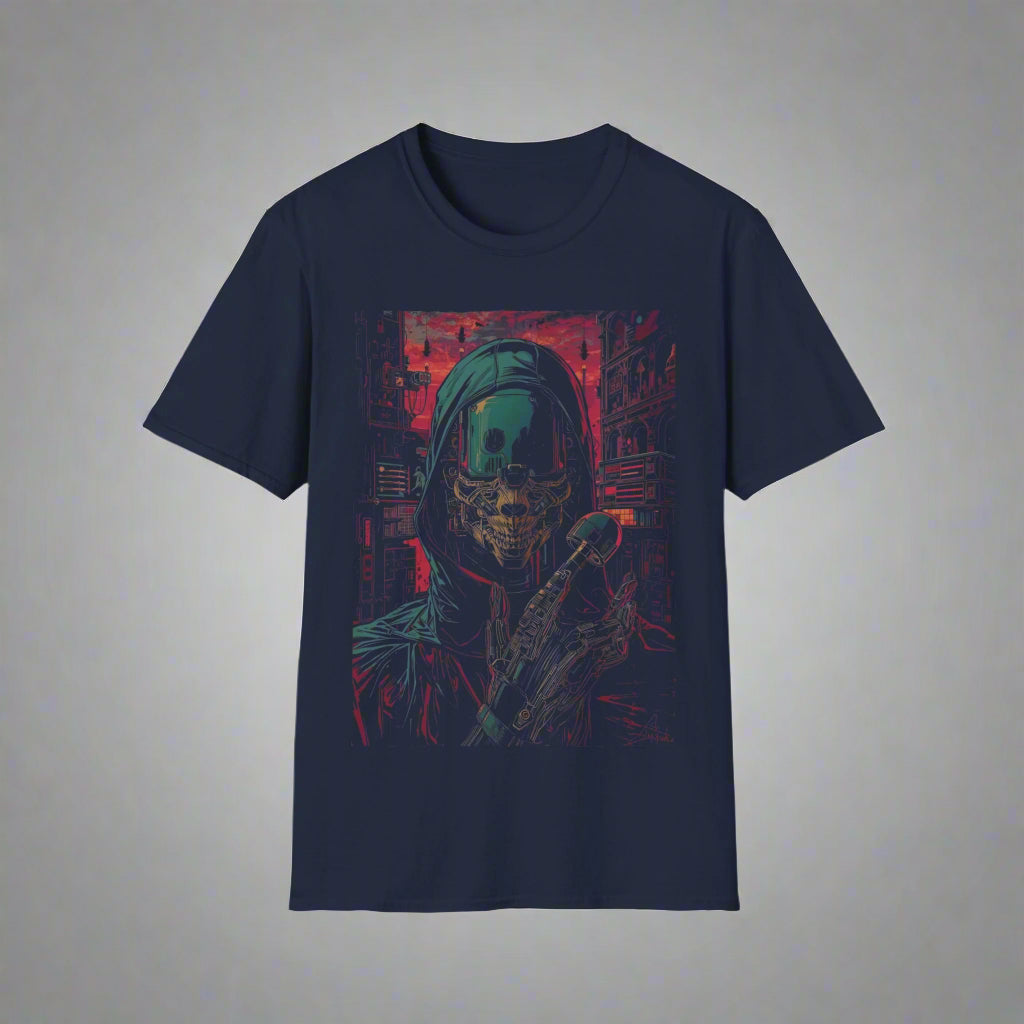 Navy blue t-shirt with a graphic design of a hooded figure
