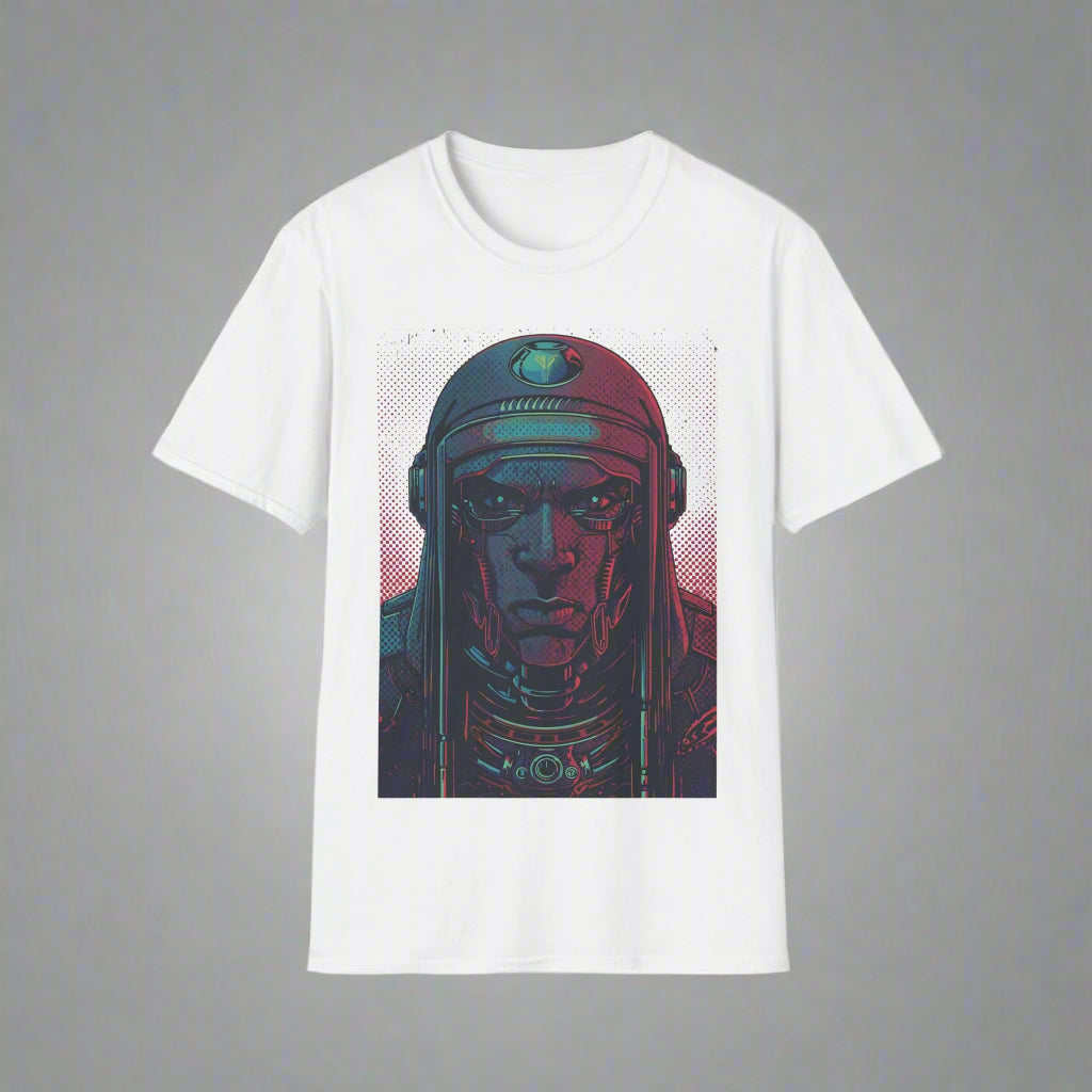 White t-shirt with a graphic of a character in a helmet
