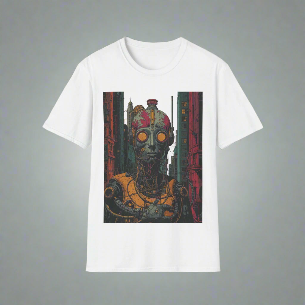 White t-shirt with a graphic design of a robot with glowing eyes and cityscape