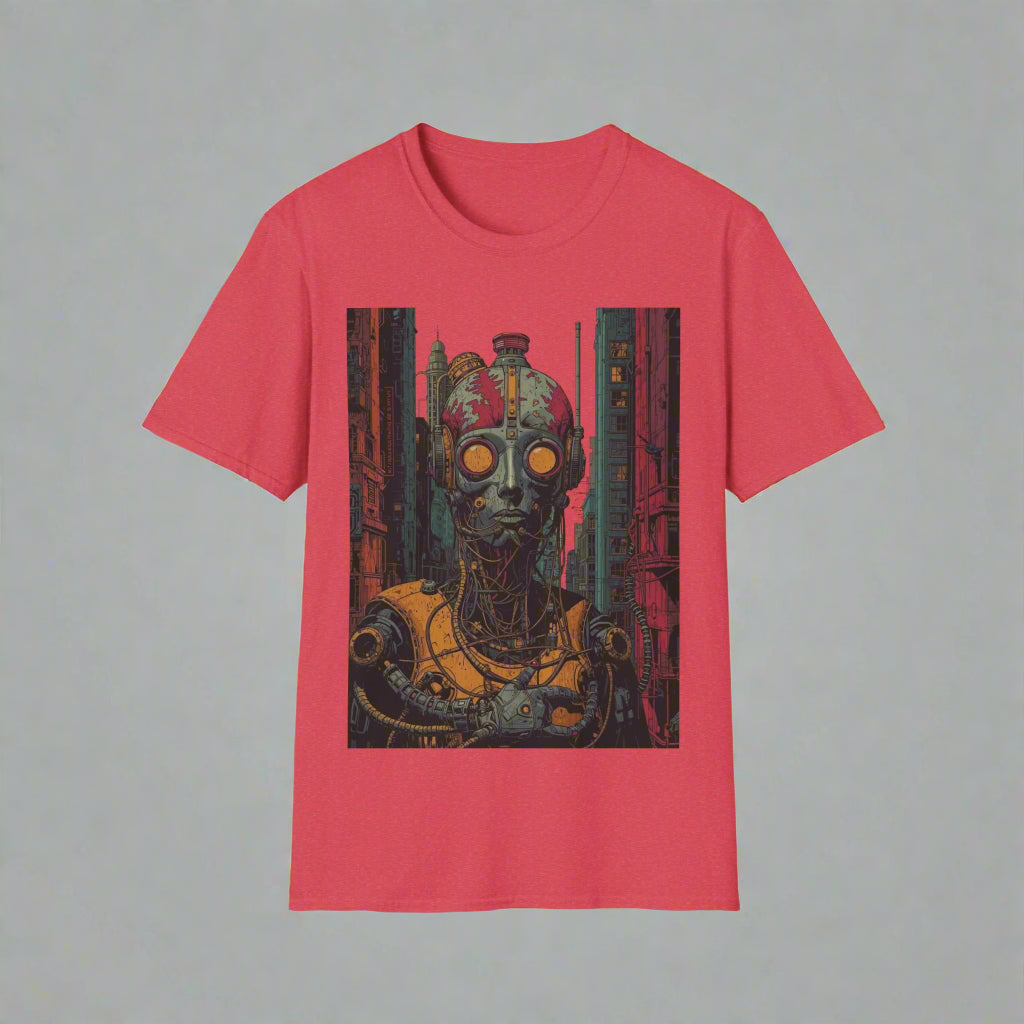 Red t-shirt with a graphic of a robot in a sci-fi setting