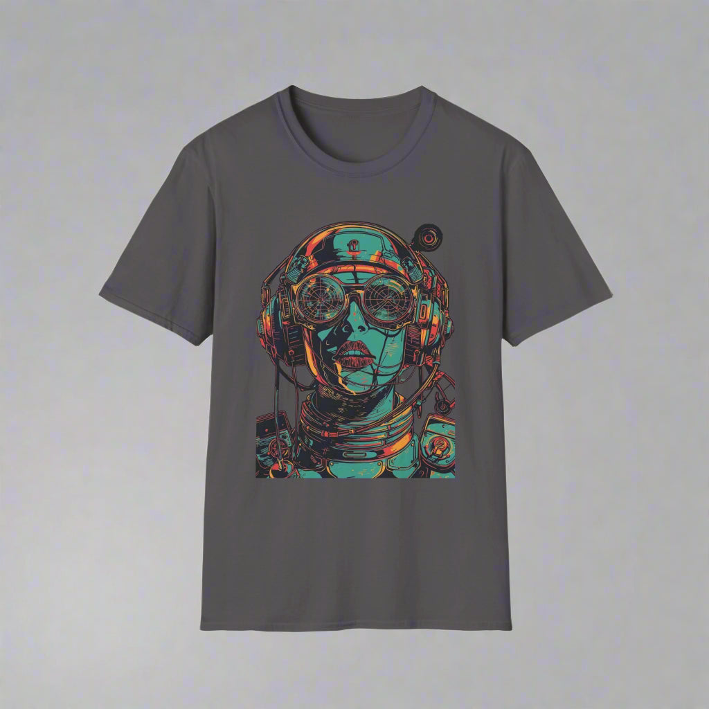 Gray t-shirt with a colorful astronaut graphic