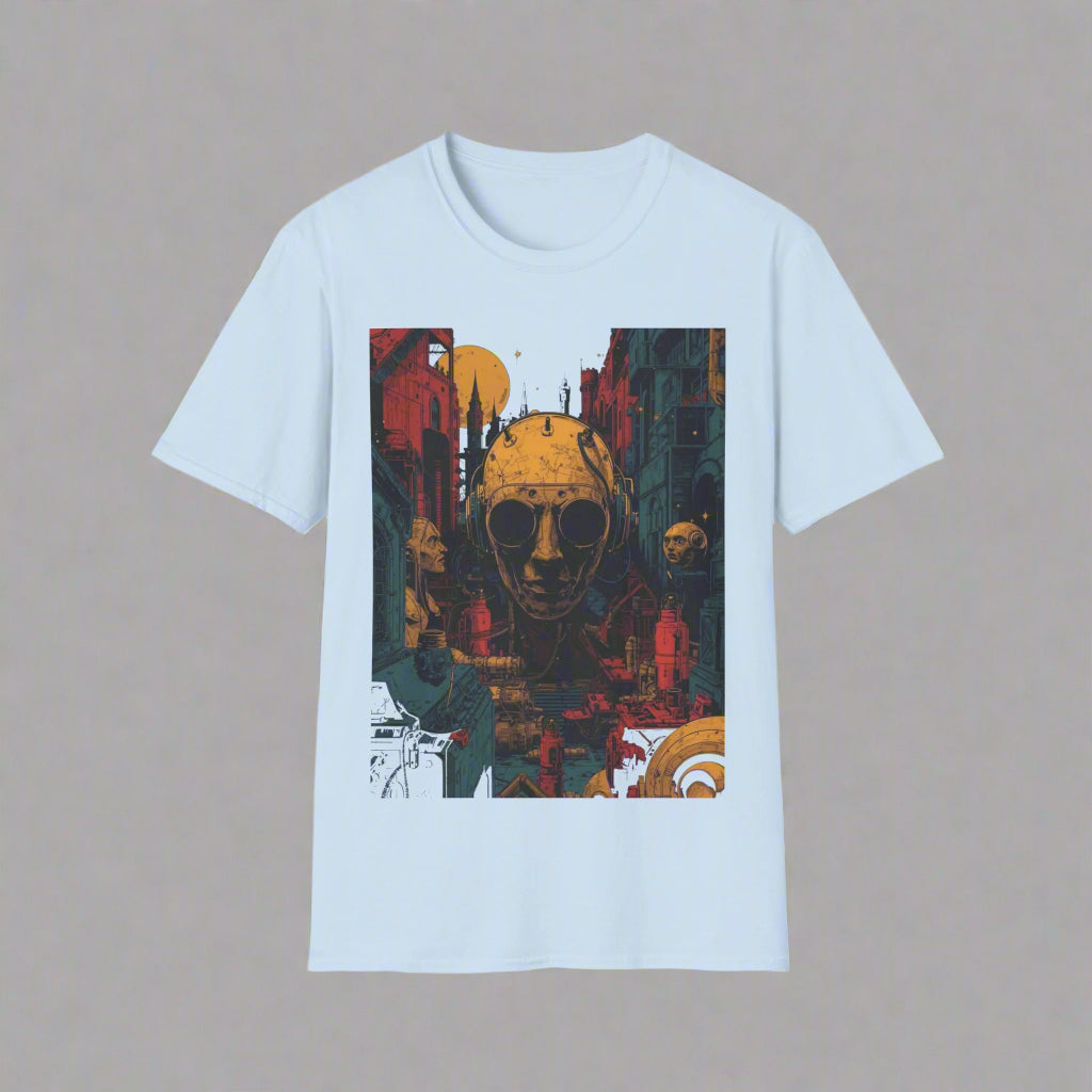 Light blue t-shirt with a colorful graphic design