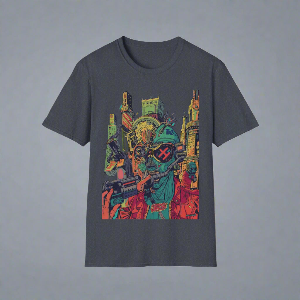 Gray t-shirt with a colorful graphic design