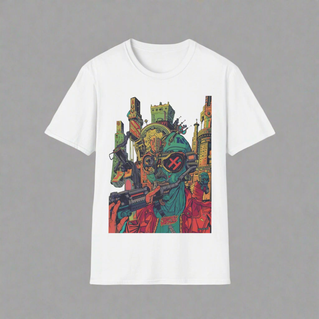 White t-shirt with a colorful graphic design