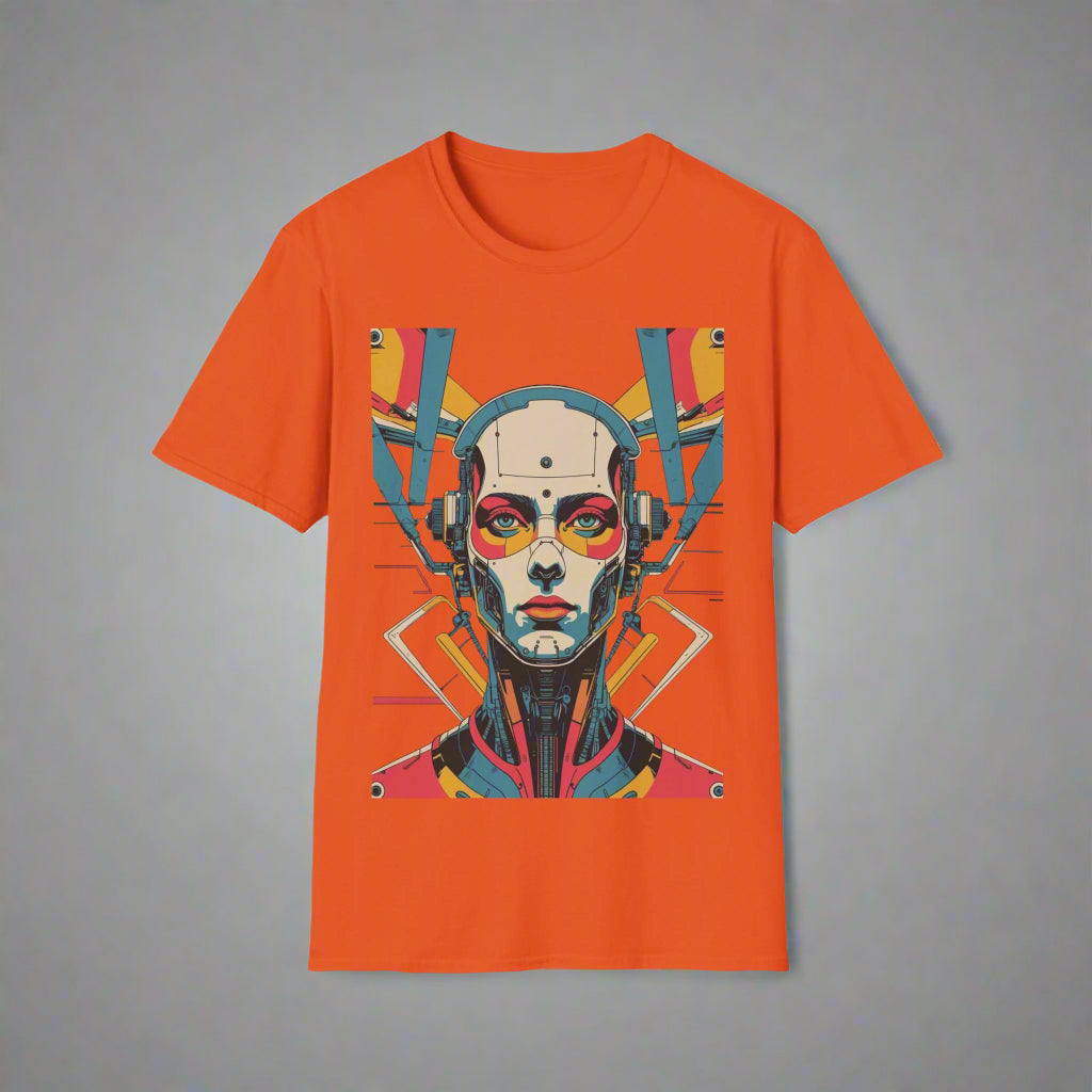 Orange t-shirt with a colorful graphic design