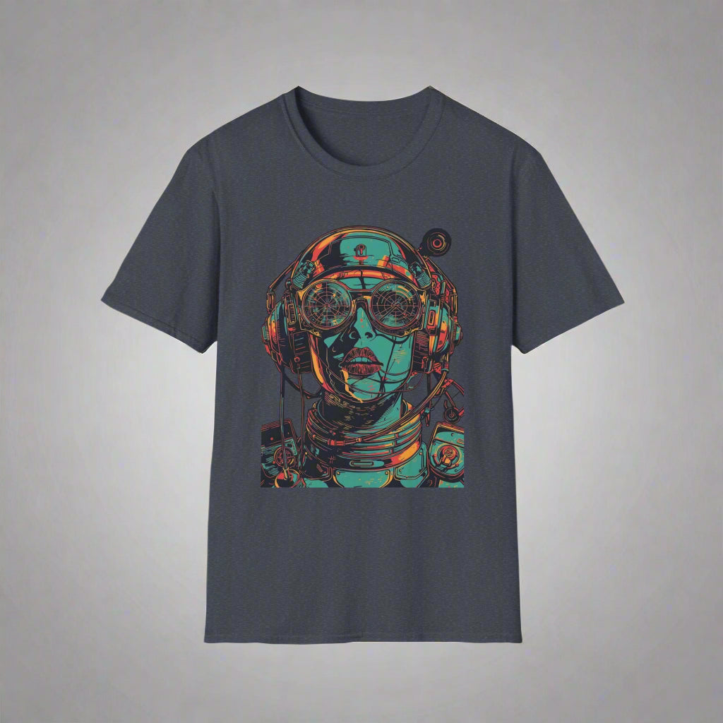 Gray t-shirt with a colorful astronaut graphic