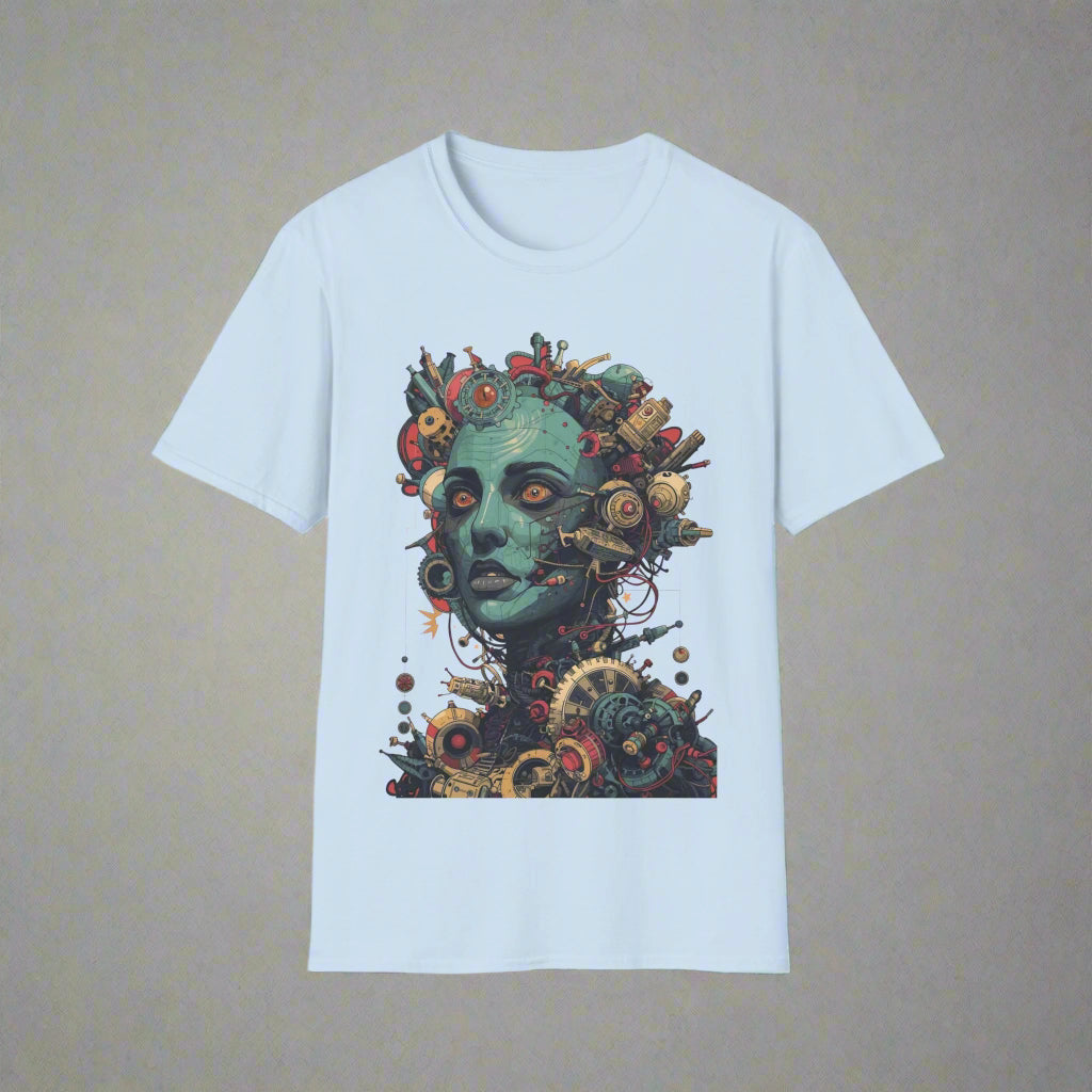 Light blue t-shirt with a colorful graphic design