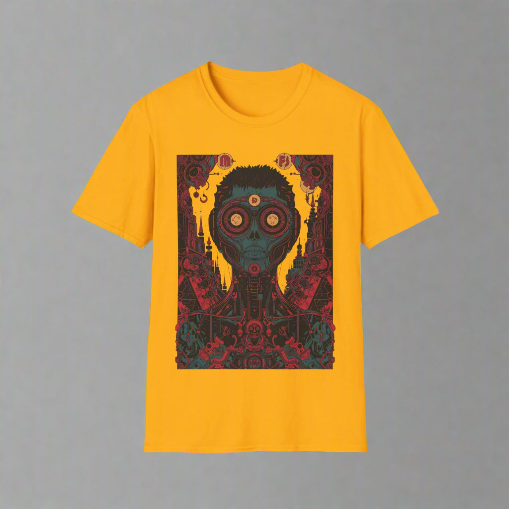 Yellow t-shirt with a graphic design of a person wearing a gas mask