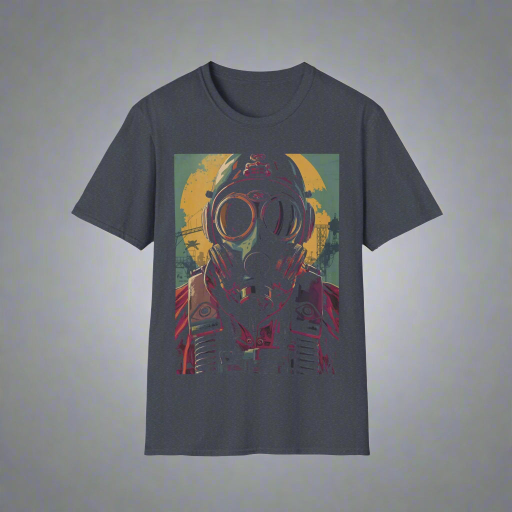 Gray t-shirt with a graphic of a person wearing a gas mask