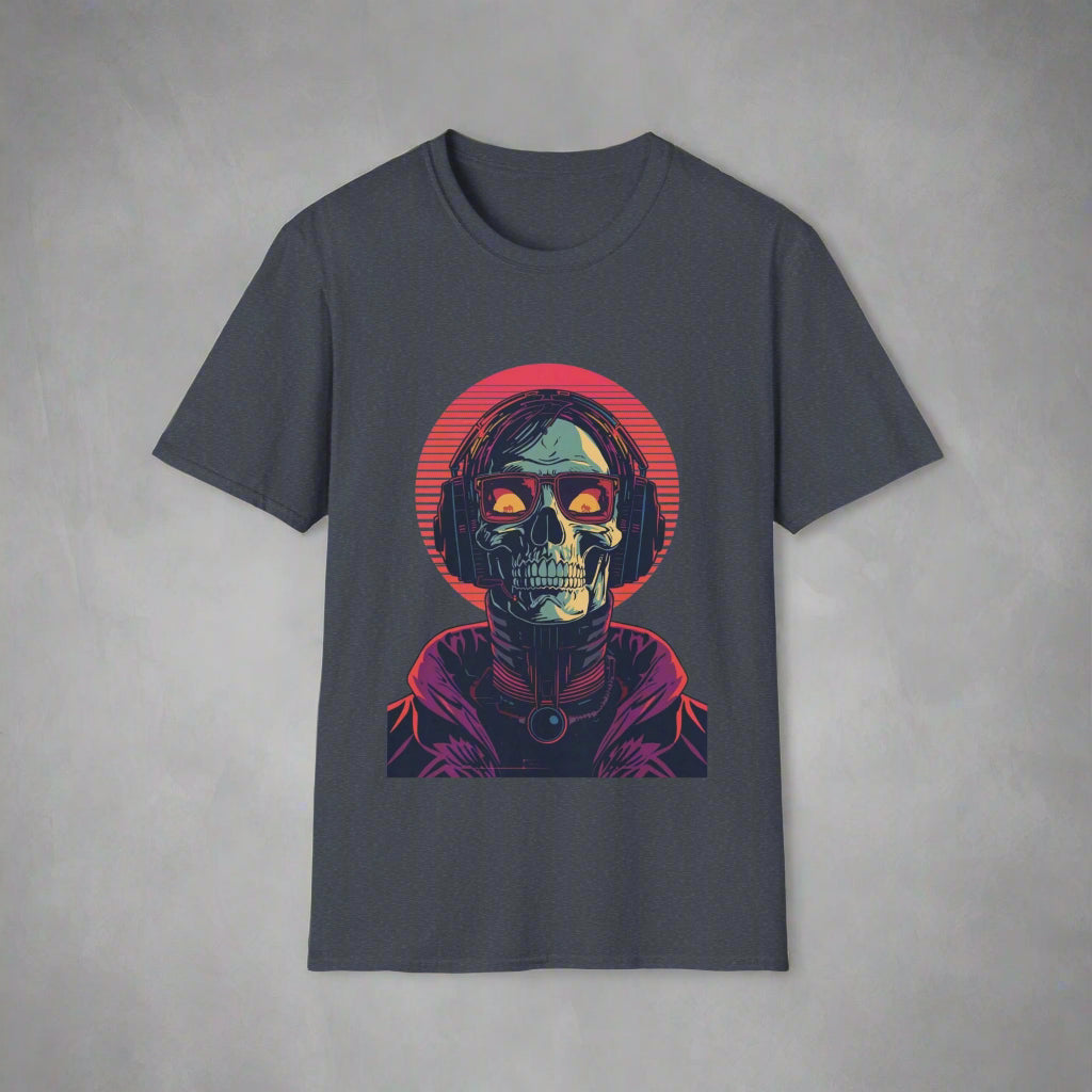 Gray t-shirt with a graphic design of a skull with glowing eyes